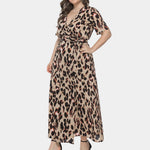 Leopard Print Short Sleeve Sashes V-Neck Party Long Sundress