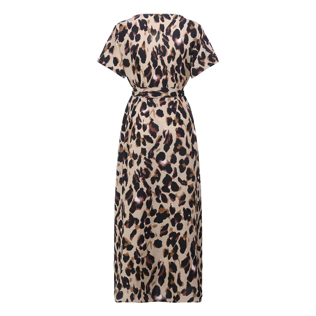 Leopard Print Short Sleeve Sashes V-Neck Party Long Sundress