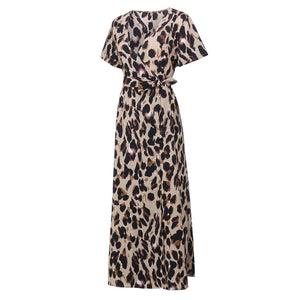 Leopard Print Short Sleeve Sashes V-Neck Party Long Sundress